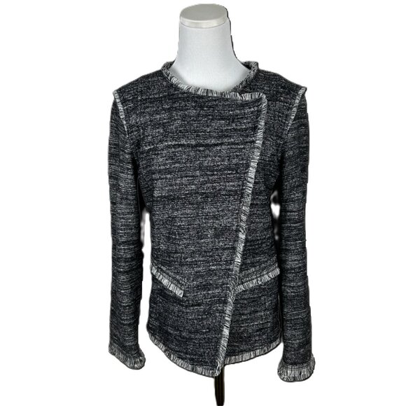 Banana Republic Jacket Women S Tweed Fringe Grey Lined Asymmetrical Snap Closure - Picture 1 of 15